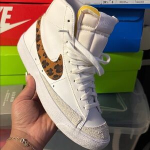 Nike Women's White and Brown Leopard High-Top Sneakers